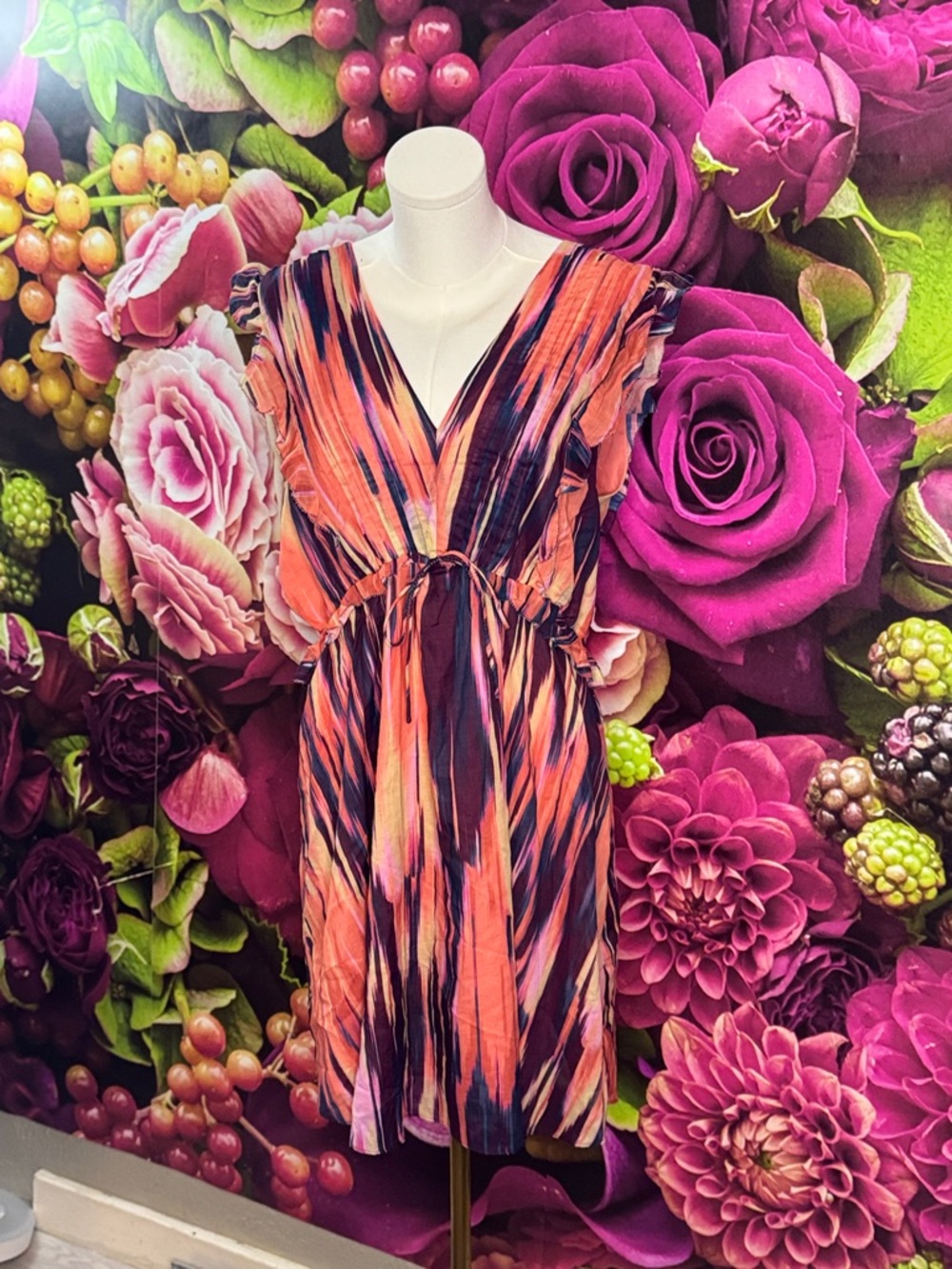 Steve Madden Coral and Navy V-Neck Tie-Waist Mini Dress